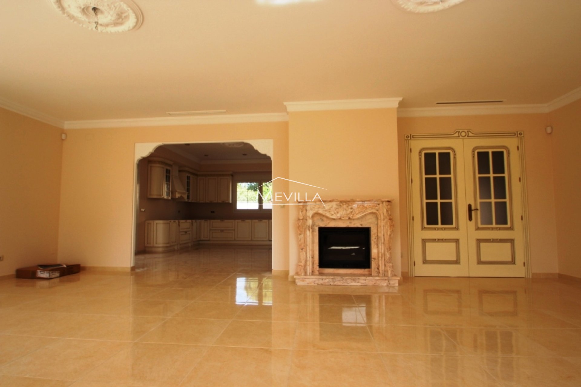 The living room with fireplace